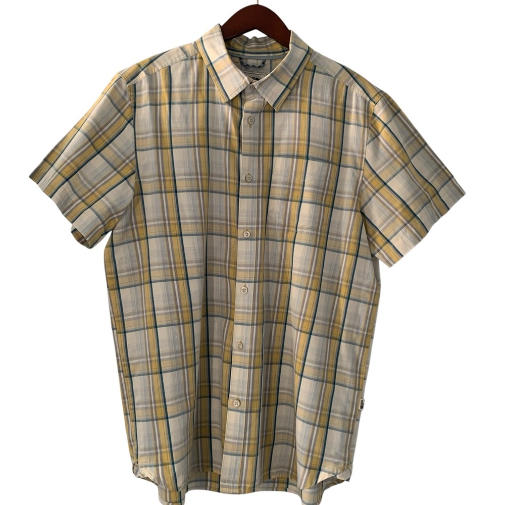 The North Face Men's Yellow and Blue Plaid Short Sleeve Shirt Men Size L